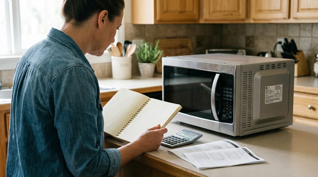 Can a portable power station run a microwave? Adult checking a countertop microwave manual and rating-label area for electrical input requirements.