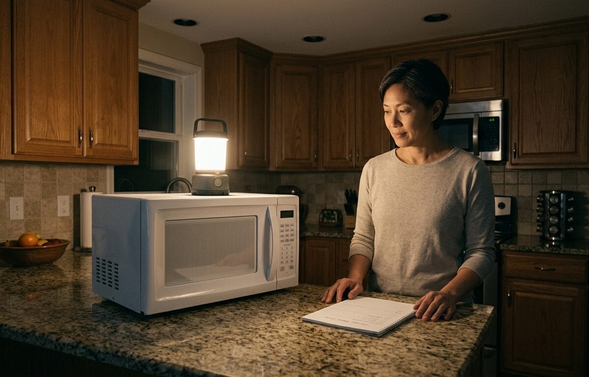 Countertop microwave in an LED-lit kitchen during a household power outage.