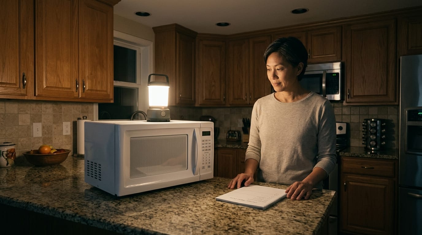 Countertop microwave in an LED-lit kitchen during a household power outage.